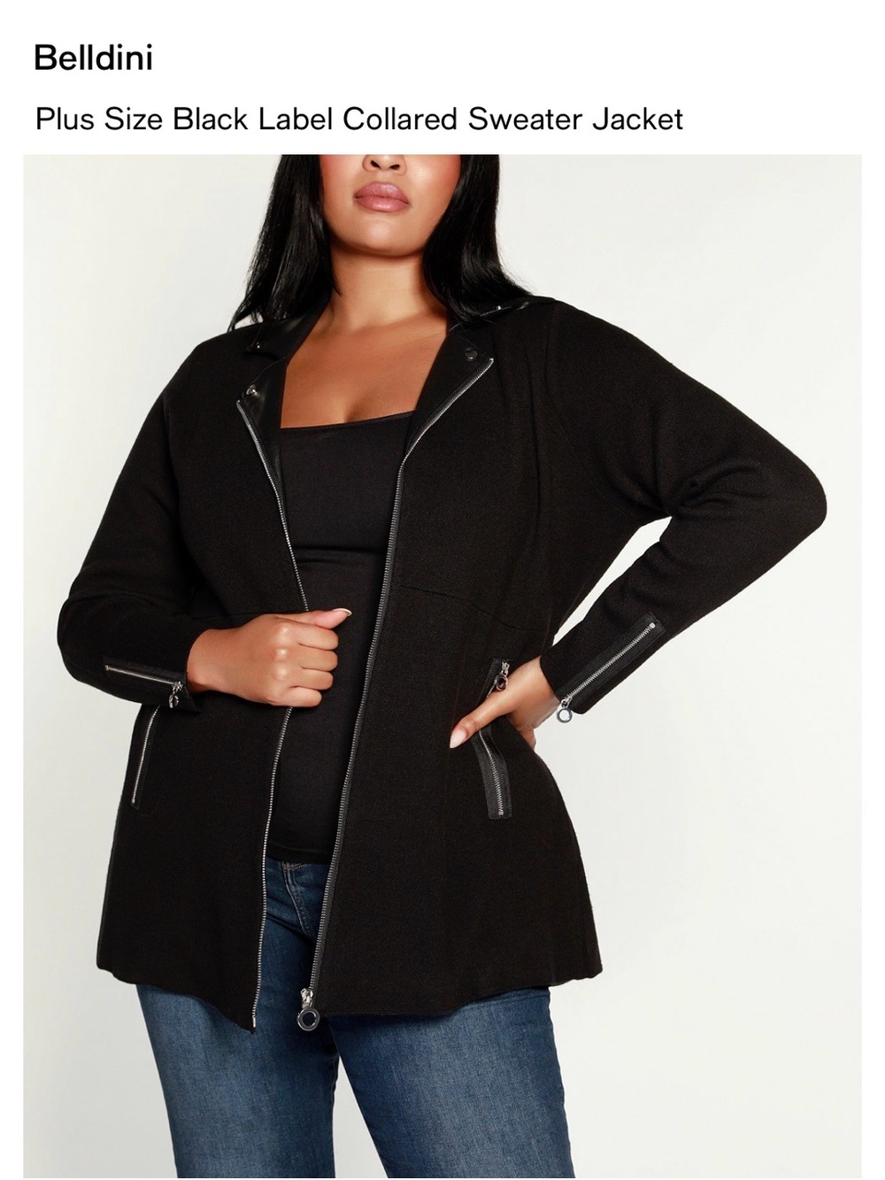 Belldini Black Plus Size Collared Sweater Jacket with Zip Trim